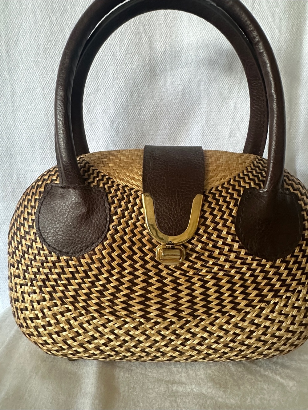 Hand Crafted Woven Straw Shoulder Bag with Dark Brown Accents